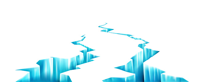 Broken ice, deep crack in frozen surface. Breaks in glacier in perspective view. Vector realistic background with fractures in ice from earthquake or melting. 3d blue rifts on white background