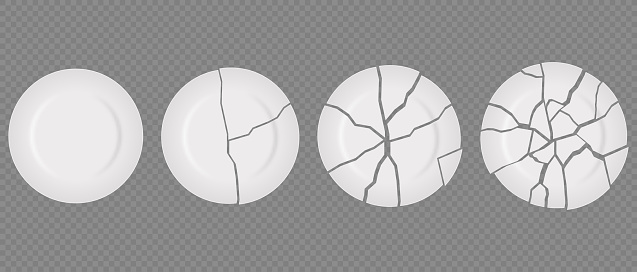 Broken white plates with varying degrees of damage and one whole plate mockup. Realistic broken porcelain dishes with splinter pieces at transparent background. Vector