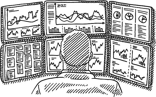 Broker Work Place Displays Charts Drawing Hand-drawn vector drawing of a Broker on his Work Place with Displays full of Charts. Black-and-White sketch on a transparent background (.eps-file). Included files are EPS (v10) and Hi-Res JPG. wall street stock illustrations