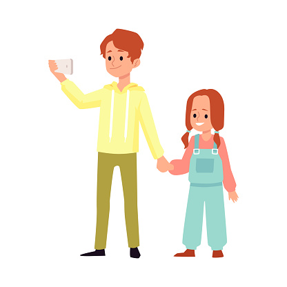Brother and sister holding hands, flat cartoon vector illustration isolated