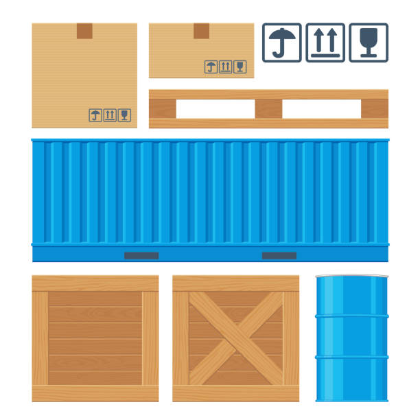 Brown carton packaging box, pallet, yellow container, wooden crates, metal barrel isolated on white background with fragile attention signs. Flat vector set illustration for icon, banner, info graphic Brown carton packaging box, pallet, yellow container, wooden crates, metal barrel isolated on white background with fragile attention signs. Flat vector set illustration for icon, banner, info graphic. crate stock illustrations