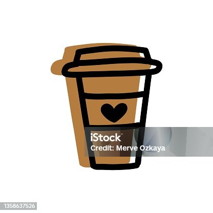 istock Brown coffee cup with a heart-shaped pattern on a white background 1358637526