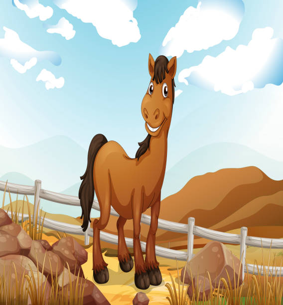 bildbanksillustrationer, clip art samt tecknat material och ikoner med brown horse near the fence - smiling earth horse