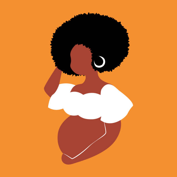 Brown skin pregnant woman flat style Beautiful image of african pregnant woman with brown skin and big hair holding her belly mother clipart stock illustrations