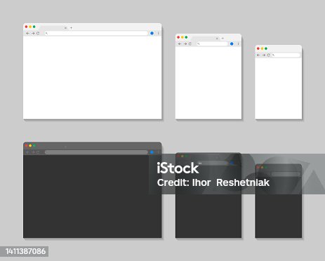 istock Browser window for laptop, mobile and tablet. Web mockup with menu and interface. Templates for internet, website and webpage. Dark and white screen on desktop. Vector 1411387086