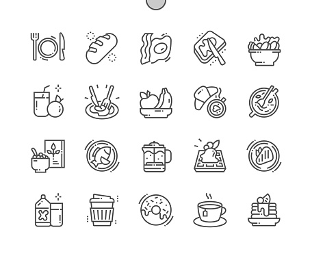 Brunch. Egg and bacon. Coffee with croissant. Steak, oatmeal, salad and other. Menu for restaurant and cafe. Pixel Perfect Vector Thin Line Icons. Simple Minimal Pictogram