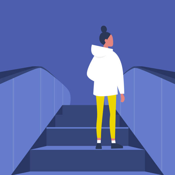 ilustrações de stock, clip art, desenhos animados e ícones de brunette female character going up on the escalator. metro. subway station. shopping mall. flat editable vector illustration, clip art - stairs subway