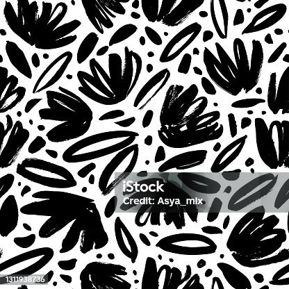 istock Brush black loose leaves and flowers vector seamless pattern. 1311938736