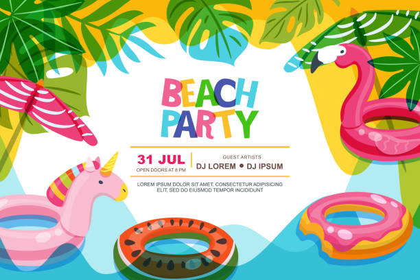 bSwimming pool frame with flamingo and unicorn float kids toys. Beach party vector summer poster, banner design template. Swimming pool frame with flamingo and unicorn float kids toys. Beach party vector summer poster, flyer, banner design template. Trendy doodle illustration. beach borders stock illustrations