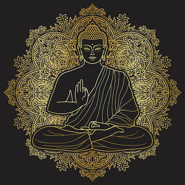 Bubbha Sitting in Lotus position Buddha sitting in lotus position on floral round background. Sign for textile print, mascots and amulets. Gold symbol on black buddha stock illustrations