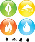 Buttons for Earth, Air, Fire and Water. Professional icons for your print project or Web site.