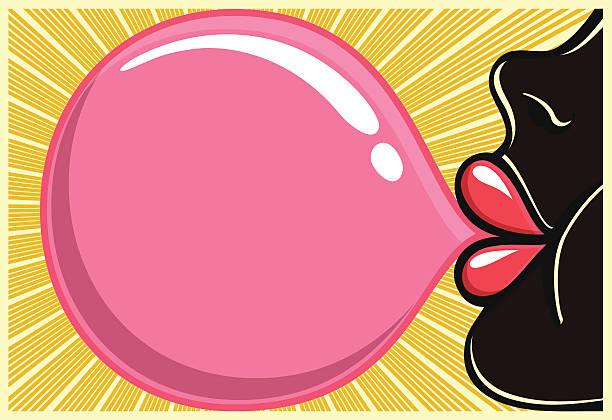Bubble gum black girl blowing bubblegum vector illustration, 80s style.