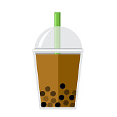 Vector illustration of a flavored bubble tea with tapioca pearls on white background. Easy to edit vector eps. Vector eps and high resolution jpg included in download.