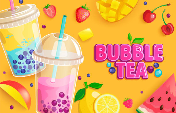Bubble tea banner. Milkshake smoothie with fruits. Bubble tea banner. Bubbletea with fruits and berries.Milkshake smoothie with mango, blueberries, tapioca, cherry and watermelon, place for text and brand.Great for flyers, posters, cards. Vector. smoothie designs stock illustrations