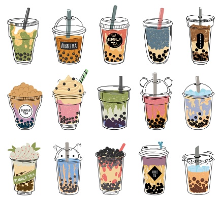 Bubble tea. Popular taiwanese pearl milk tea with balls, bubble asian tea, soft drinks in plastic cups trendy dessert colorful vector collection