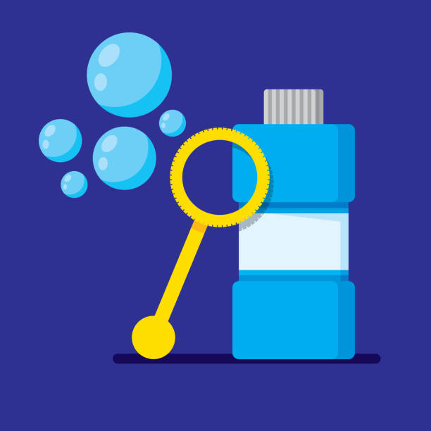 Bubble Wand Icon Flat Vector illustration of a bubble wand with bubbles and soap against a blue background in flat style. bubble wand stock illustrations