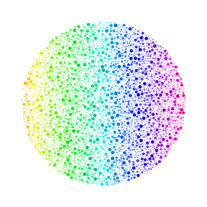 Bubbles: Rainbow dots, no overlap, filling surface. Smaller bubbles fading to white.