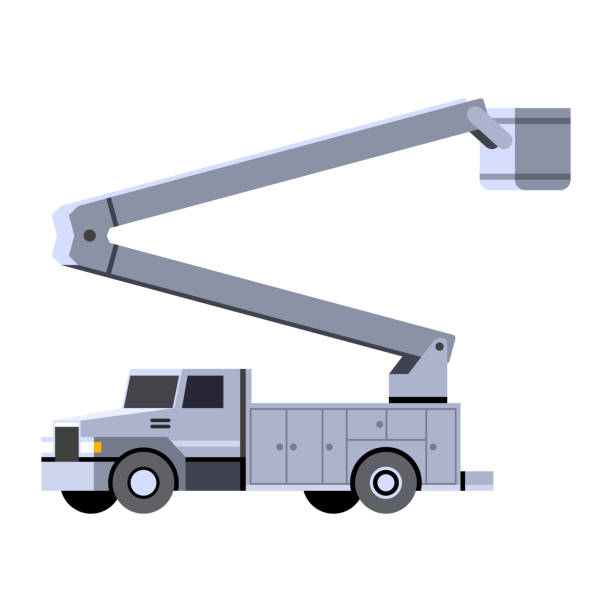 Bucket crane truck vehicle icon Minimalistic icon bucket truck front side view. Aerial work bucket vehicle. Vector isolated illustration. bucket stock illustrations