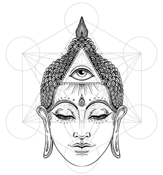Buddha face isolated on white. Esoteric vintage vector illustration. Indian, Buddhism, spiritual art. Buddha face isolated on white. Esoteric vintage vector illustration. Indian, Buddhism, spiritual art. Hippie tattoo, spirituality, Thai god, yoga zen Coloring book pages for adults. buddha stock illustrations