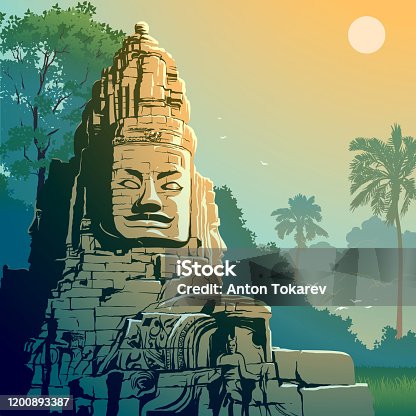 istock Buddha Temple in Angkor Wat, Cambodia. Vintage travel background. 1200893387