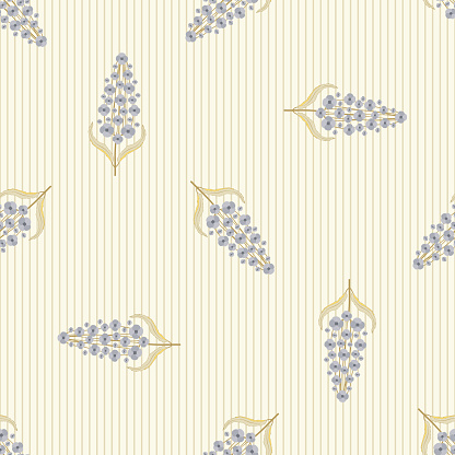 Buddleia seamless vector pattern background. Known as butterfly bush. Scattered backdrop with mauve purple petals with gold leaves stems on dense stripes. Elegant garden shrub repeat, history inspired