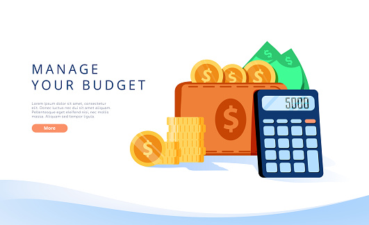 Budget management concept in vector illustration. Money economy background with billfold and calculator. Profit or revenue analysis as part of accounting. Web banner layout template. Web UI interface