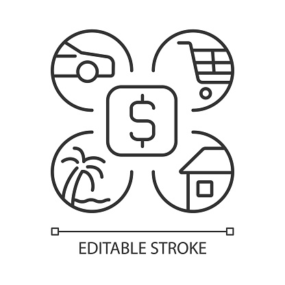 Budgeting linear icon. Split money for monthly plan. Living expenditure. Financial literacy. Thin line customizable illustration. Contour symbol. Vector isolated outline drawing. Editable stroke