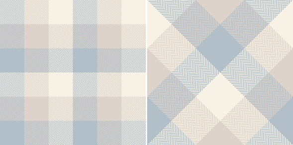 Buffalo check plaid pattern in pale blue and beige. Seamless herringbone tartan vector for spring autumn winter scarf, flannel shirt, blanket, duvet cover, other modern fashion textile design.