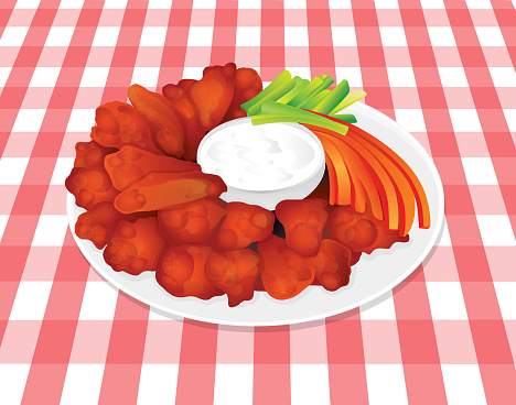 Buffalo Hot Chicken Wings Blue Cheese, Celery, Carrots on Plaid Tablecloth