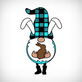 Buffalo Plaid Gnome with bunny ears and chocolate rabbit. Scandinavian Nordic Gnome with buffalo plaid hat. Cute Easter gnomes in checkered texture costume. Dwarf for greeting card, t shirt print.
