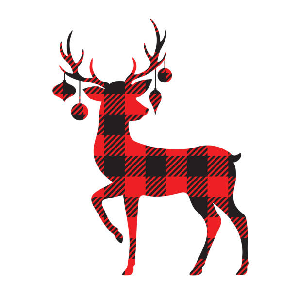 Buffalo Plaid Reindeer Silhouette with Christmas Ornaments Vector illustration of a standing reindeer with Christmas ornaments. Holiday red buffalo plaid reindeer design. reindeer stock illustrations