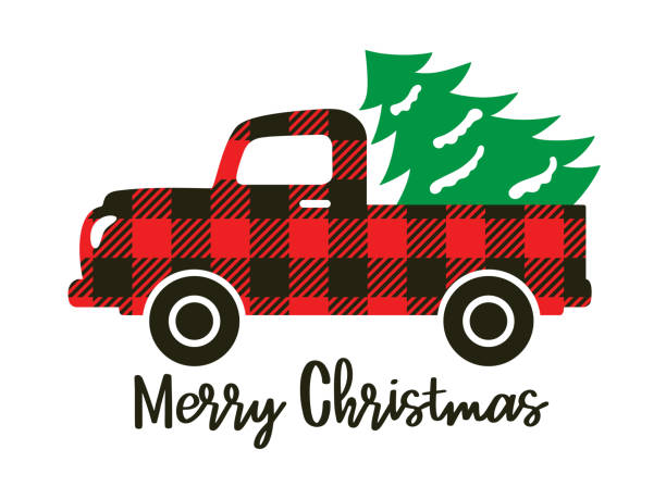 Buffalo Plaid Truck Carrying a Christmas Tree Cute truck with red buffalo plaid pattern carrying a Christmas tree vector illustration. truck patterns stock illustrations