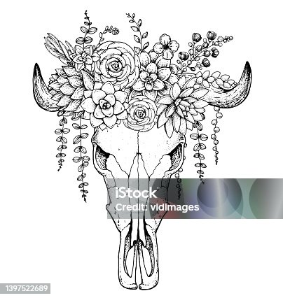 istock Buffalo Skull and flowers hand drawn illustration. Wild west print. Vector illustration. Tattoo vintage print. Buffalo Skull and floral bouquet. T-shirt design. 1397522689