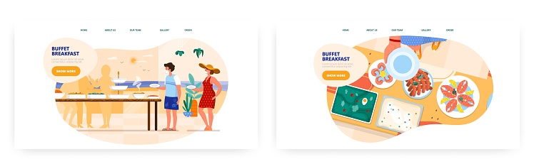 Buffet breakfast landing page design, website banner vector template set. Hotel, resort restaurant catering business.