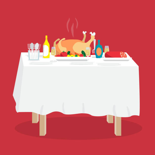 illustrazioni stock, clip art, cartoni animati e icone di tendenza di tavolo a buffet con tacchino, altri cibi e bevande - christmas table