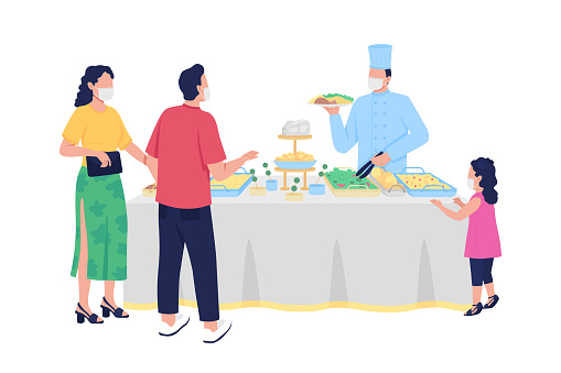 Buffet-style reception flat color vector faceless characters