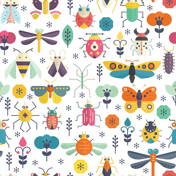 Bug Pattern Vector seamless geometric pattern with bugs and insects on blue background with texture. Colorful seamless design. insect stock illustrations