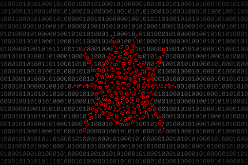 Bug silhouette composed from red 0 and 1 digits over dark binary code surface. Concept of software bug, error or fault in computer program, bug finding and fixing