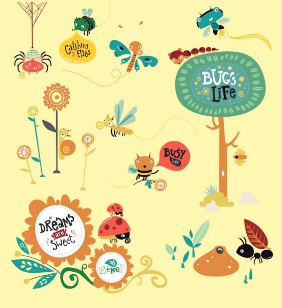 bugs world Cute insects in their small world and nice phrases about them fly insect stock illustrations