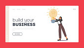 istock Build your Business Landing Page Template. Tiny Female Character with Huge Glowing Bulb in Hands. Businesswoman Insight 1330617399