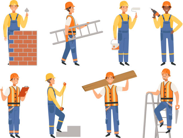 Builder cartoon character. Funny mascots of engineer or constructor in various action pose vector people Builder cartoon character. Funny mascots of engineer or constructor in various action pose vector people. Builder man, worker occupation bricklayer and carpenter illustration bricklayer stock illustrations