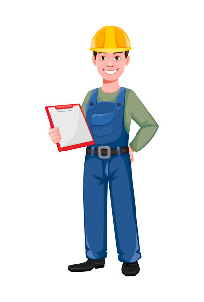 Builder cartoon character holding blank clipboard Builder cartoon character holding blank clipboard. Young construction worker in hard hat. Vector illustration on white background construction worker safety checklist stock illustrations