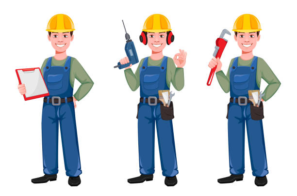 Builder cartoon character, set of three poses Builder cartoon character, set of three poses. Young construction worker in hard hat holding clipboard, holding drill and holding paint wrench. Vector illustration construction worker safety checklist stock illustrations