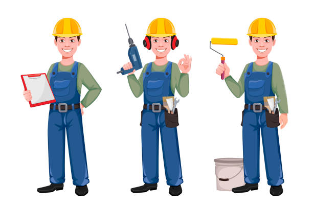 Builder cartoon character, set of three poses Builder cartoon character, set of three poses. Young construction worker in hard hat holding clipboard, holding drill and holding paint roller. Vector illustration construction worker safety checklist stock illustrations