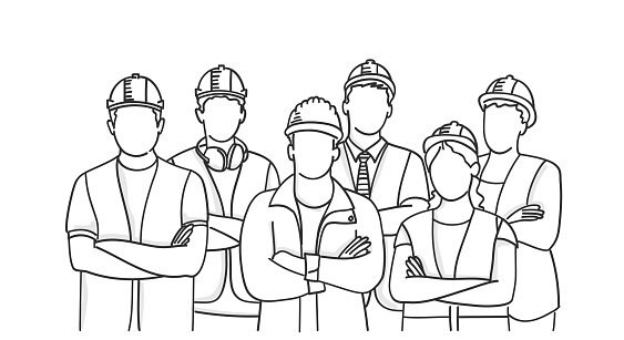 Builder group wearing helmets with arms crossed.