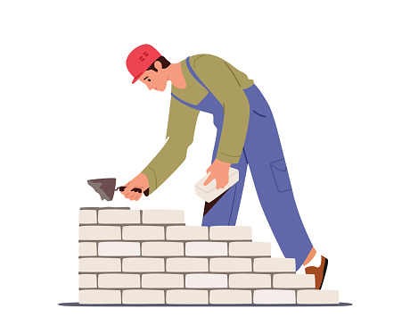 Builder Male Character Wearing Helmet and Uniform Holding Trowel Put Concrete for Laying Brick Wall at Construction Site