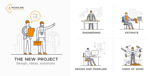 Builders, a new project, engineer, estimates. Stages Builders, a new project, engineer, estimates. Stages of construction. lined icon, icons. Advertising booklet site infographic Vector illustration engineering stock illustrations