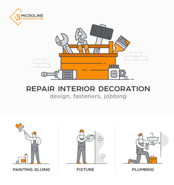 Builders, a new project, engineer, estimates. Stages Builders, design, fasteners, jobbing, decoration. Stages of construction. lined icon icons. Advertising booklet site infographic Vector illustration tool belt stock illustrations