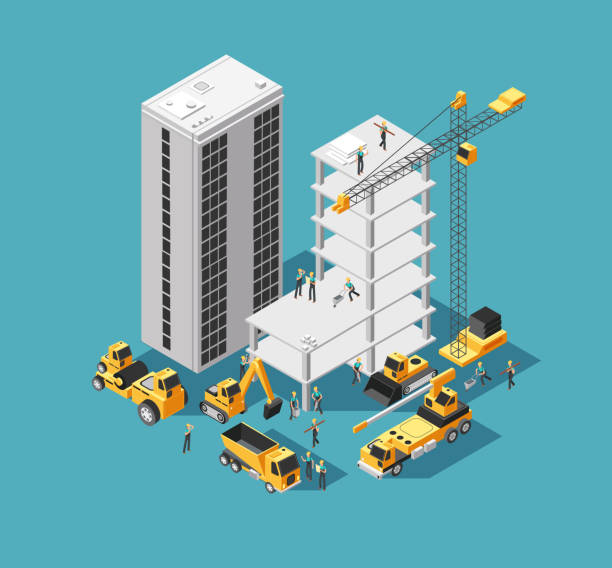 Building construction vector 3d isometric concept with builders and heavy equipment. House construction site background Building construction vector 3d isometric concept with builders and heavy equipment. House construction site background. Isometric construction site with crane and machine illustration concrete clipart stock illustrations