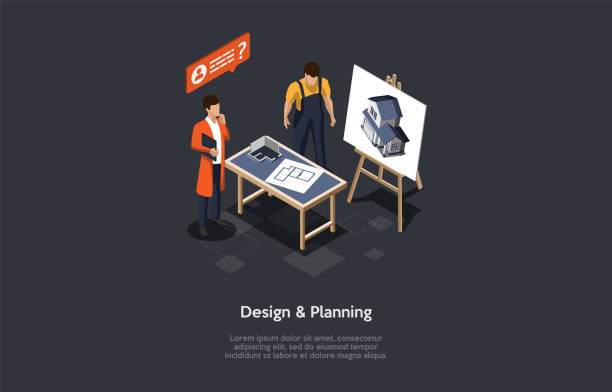 Building Design And Planning Company Concept Illustration. Vector Composition. Isometric Cartoon Art, Cartoon 3D Style. Two Male Characters Working On House Project. Dark Background With Writings Building Design And Planning Company Concept Illustration. Vector Composition. Isometric Cartoon Art, Cartoon 3D Style. Two Male Characters Working On House Project. Dark Background With Writings. entrepreneur patterns stock illustrations